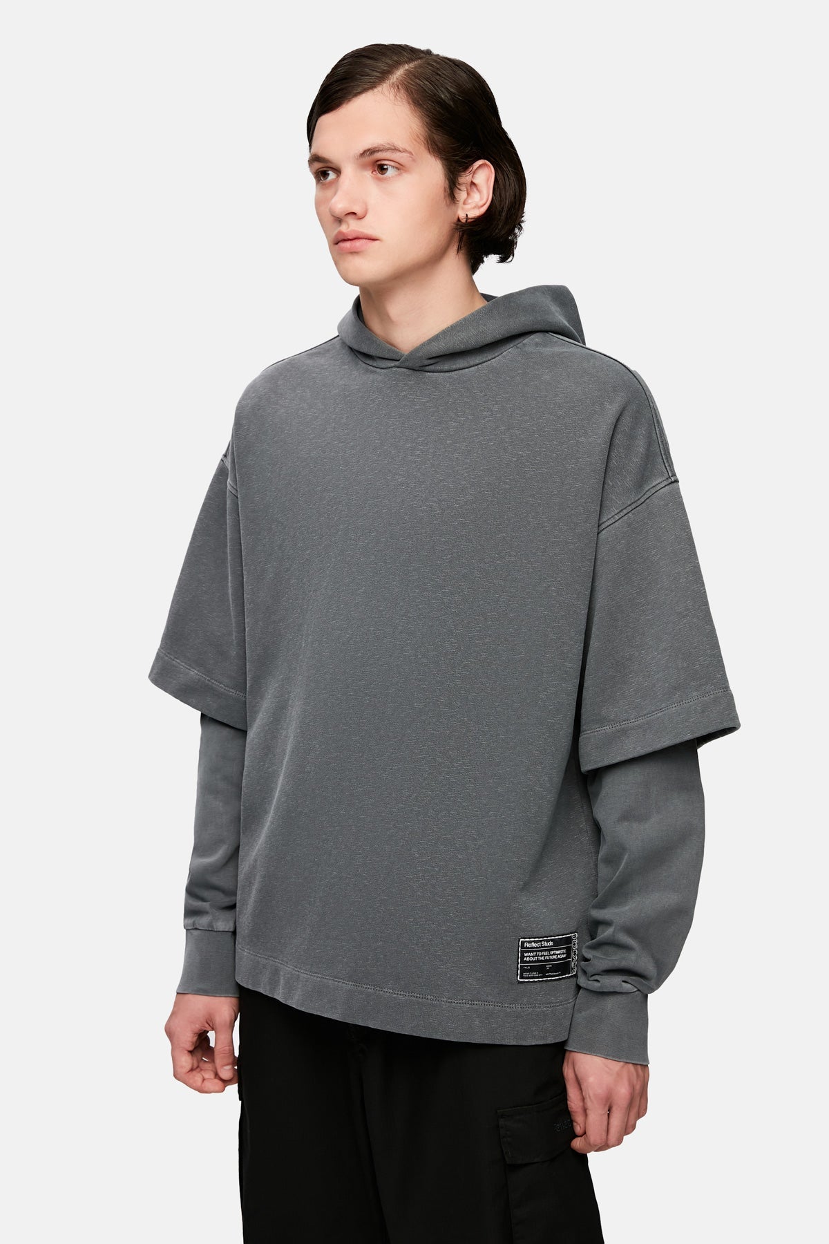 Double Sleeve Washed Oversize Hoodie - Gray