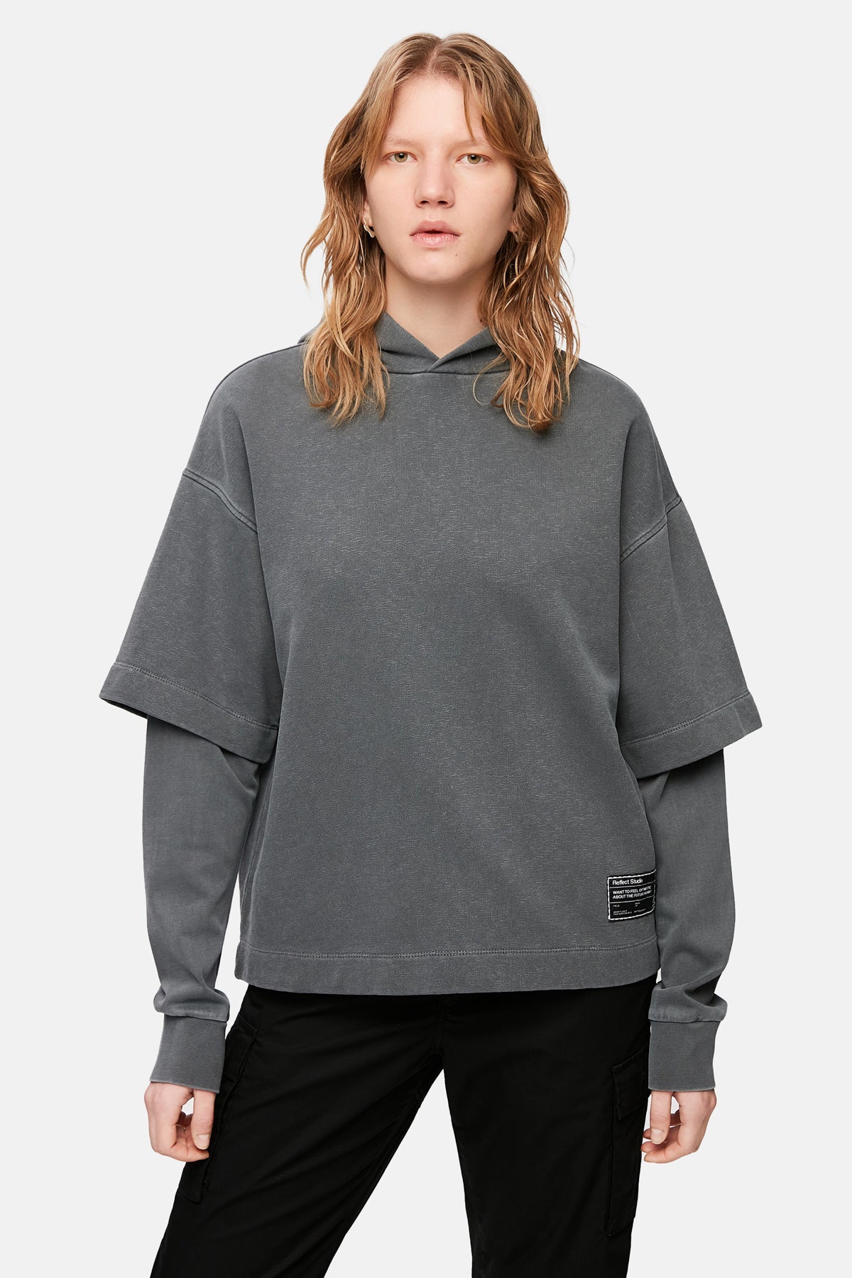 Double Sleeve Washed Oversize Hoodie - Gray