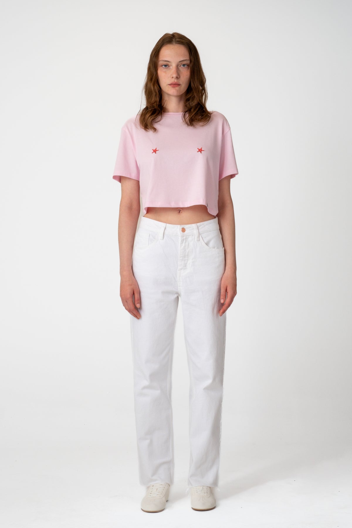 Deniz Yıldızları Light-Weight Crop T-Shirt  - Pembe