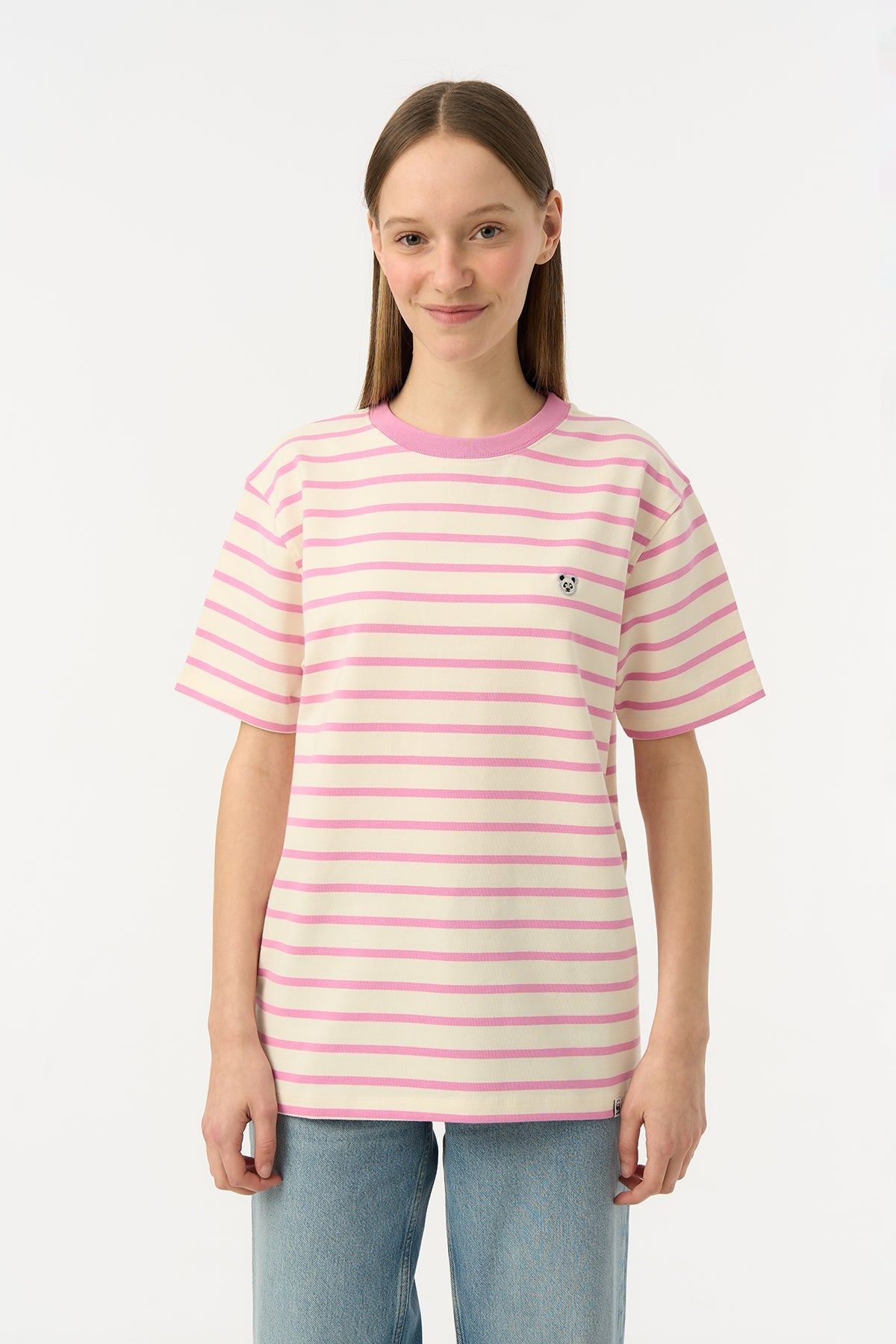 Panda Heavy-Weight Çizgili T-Shirt - Pembe /Ekru