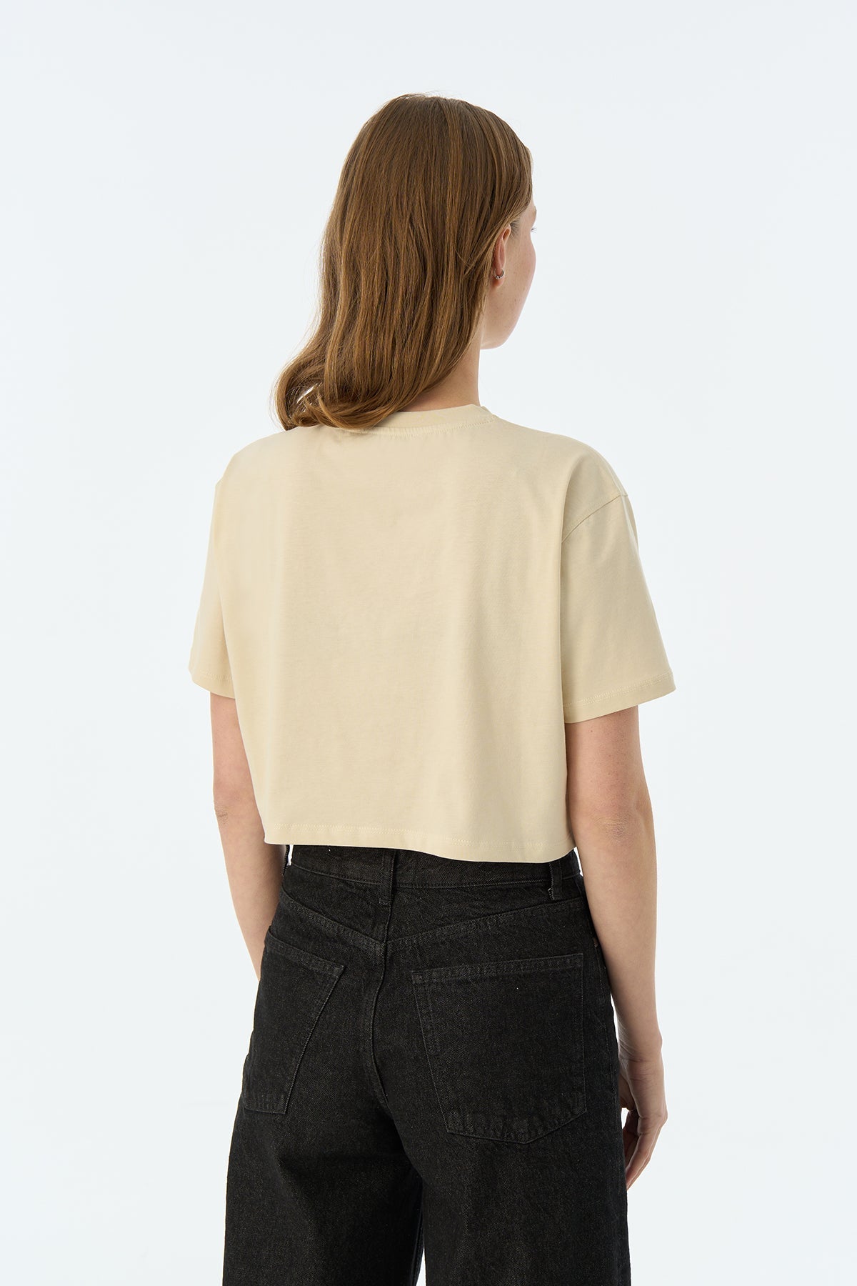 Chi & Chi Panda Light-Weight Crop T-Shirt  - Parşömen Bej