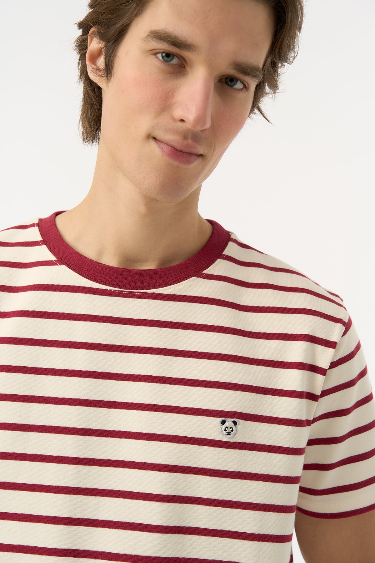 Panda Heavy-Weight Çizgili T-Shirt - Kırmızı/Ekru