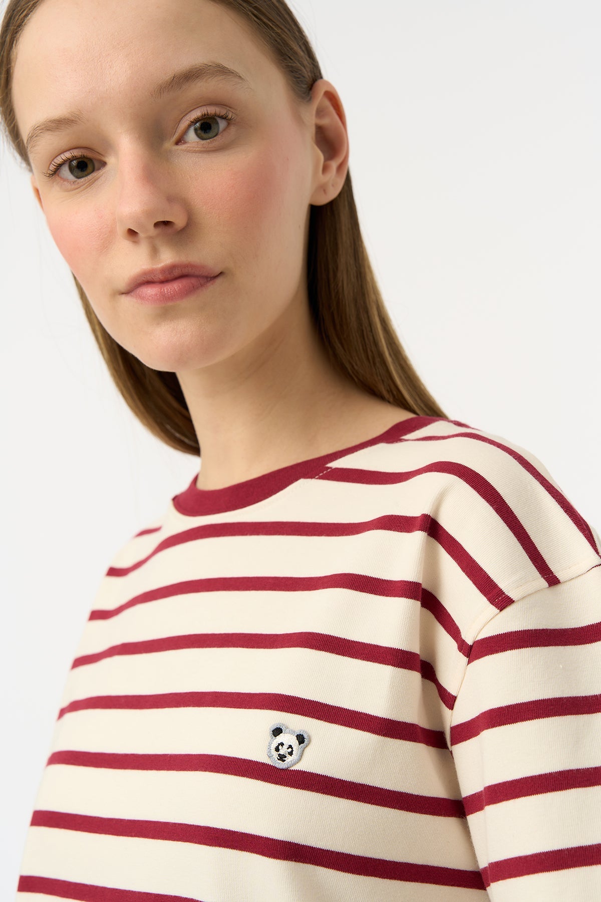 Panda Heavy-Weight Çizgili T-Shirt - Kırmızı/Ekru
