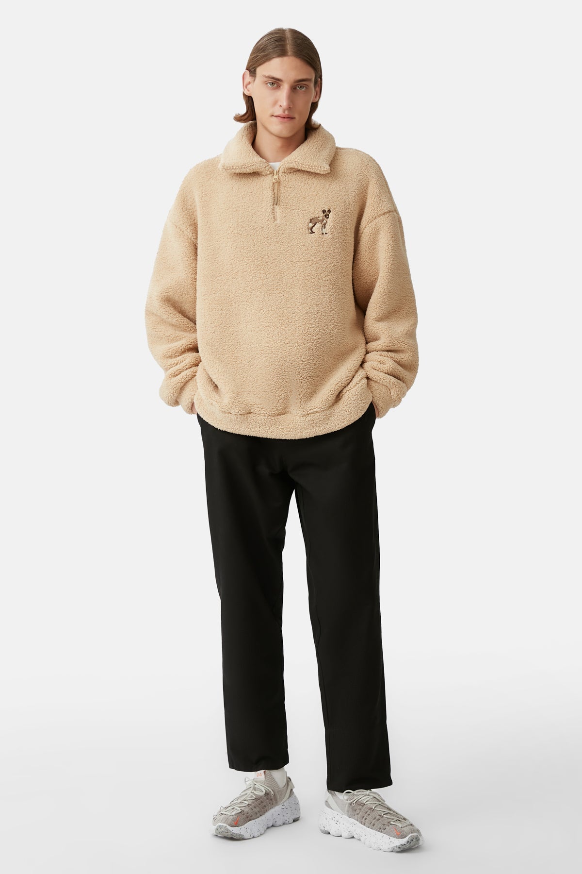 Afrika Yaban Köpeği Sherpa Quarter-Zip Sweatshirt - Bej