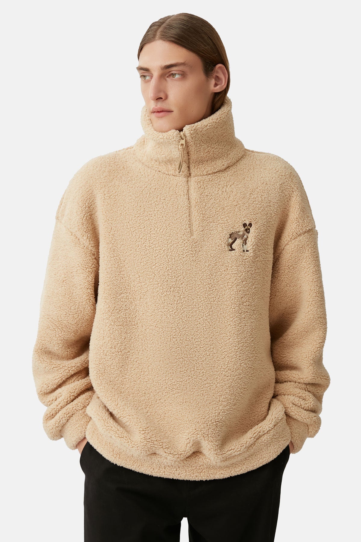 Afrika Yaban Köpeği Sherpa Quarter-Zip Sweatshirt - Bej