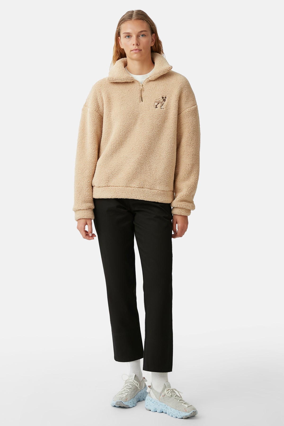 Afrika Yaban Köpeği Sherpa Quarter-Zip Sweatshirt - Bej