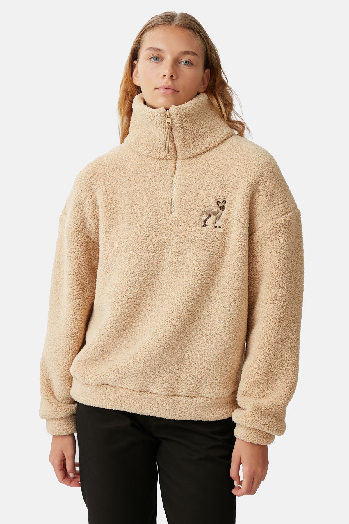 Afrika Yaban Köpeği Sherpa Quarter-Zip Sweatshirt - Bej